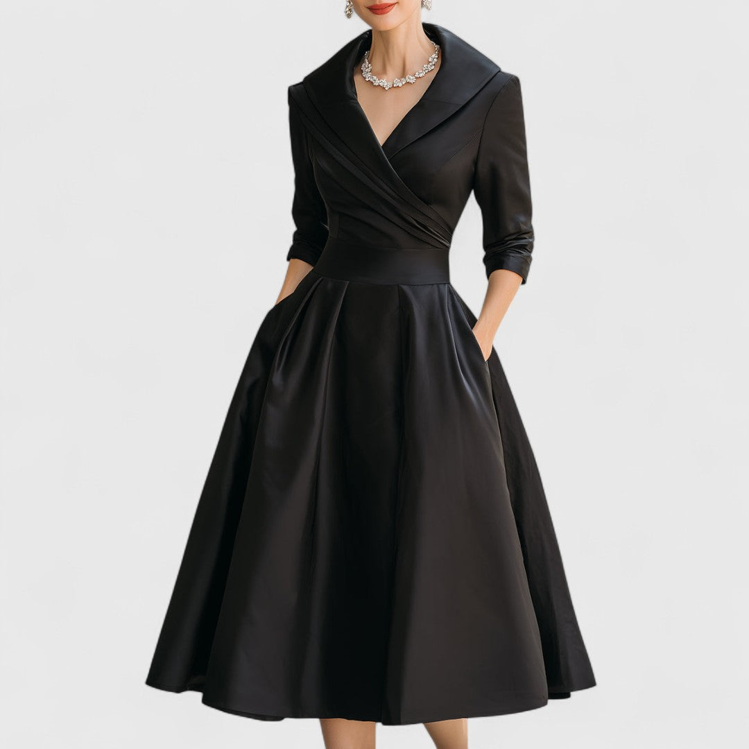 Damen Elegantes Midikleid mit ausgestelltem Rock in Schwarz