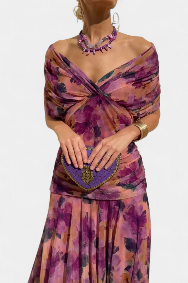 Damen Elegantes Midikleid mit Carmenausschnitt in Lila