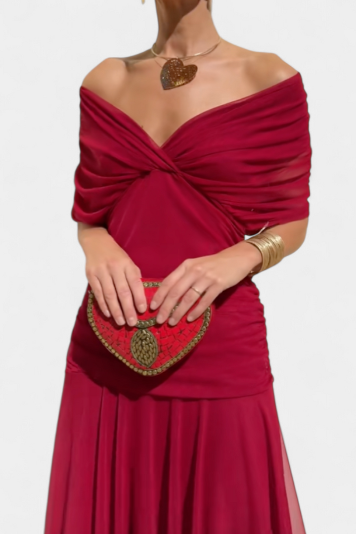 Damen Elegantes Midikleid mit Carmenausschnitt in Rot