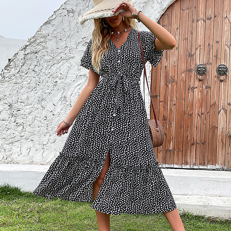 Damen elegantes Pünktchen Maxikleid (4)