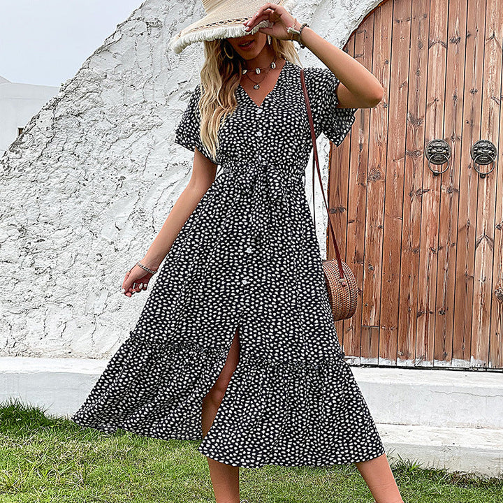 Damen elegantes Pünktchen Maxikleid (4)