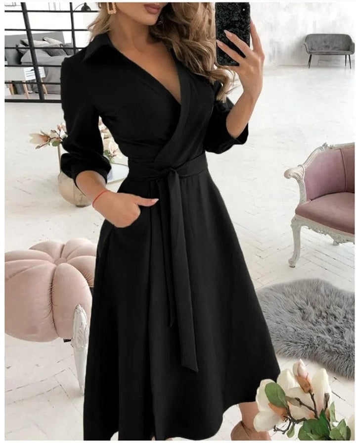 Damen Elegantes Wickel Sommerkleid in Schwarz