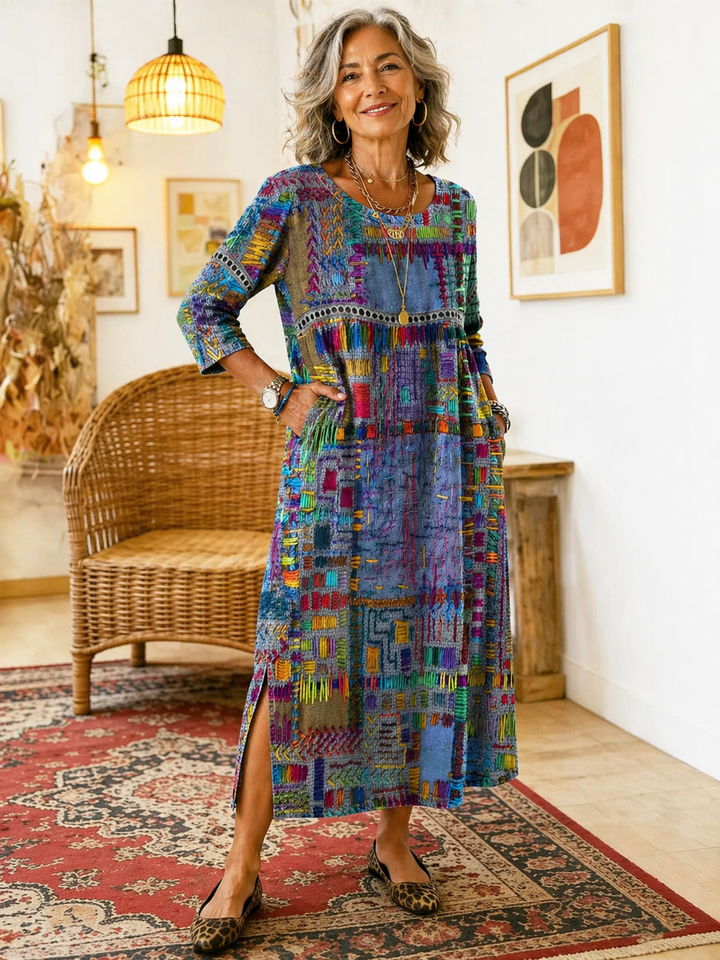 Damen Ethno-Patchwork Kleid für Herbstabende