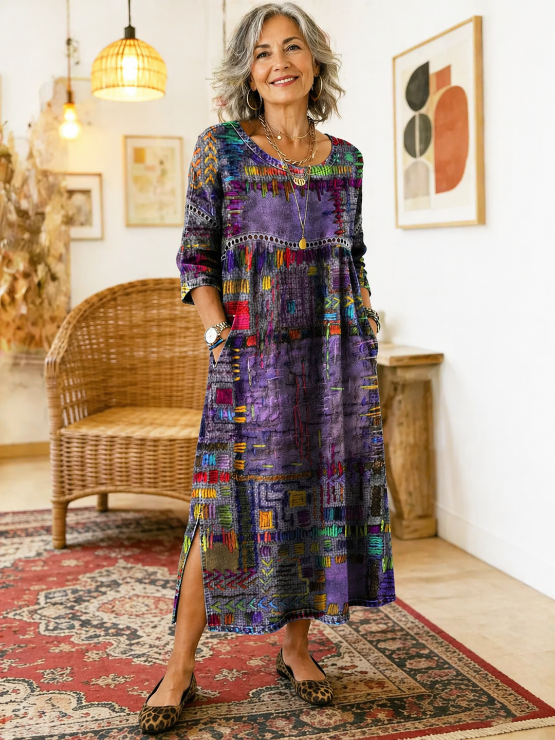 Damen Ethno-Patchwork Kleid für Herbstabende (3)