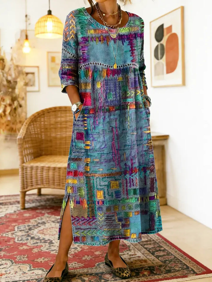 Damen Ethno-Patchwork Kleid für Herbstabende in Blau