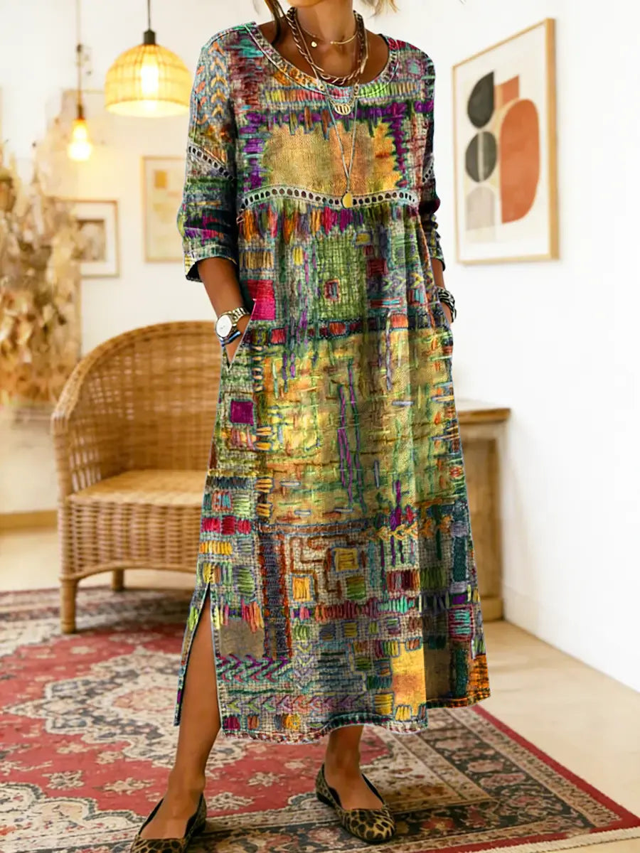 Damen Ethno-Patchwork Kleid für Herbstabende in Gelb