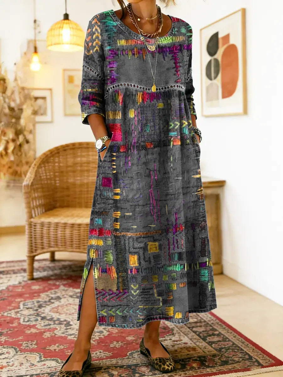 Damen Ethno-Patchwork Kleid für Herbstabende in Grau