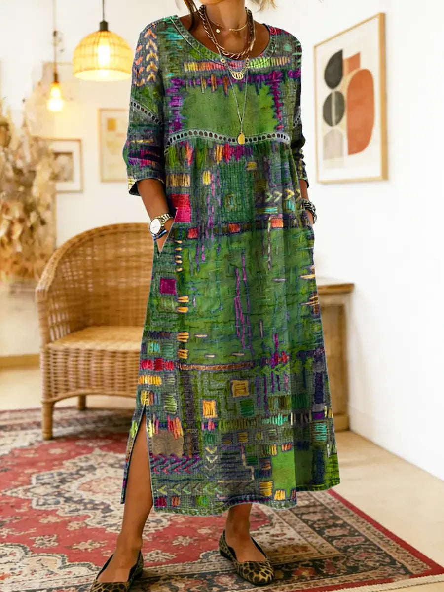 Damen Ethno-Patchwork Kleid für Herbstabende in Grün