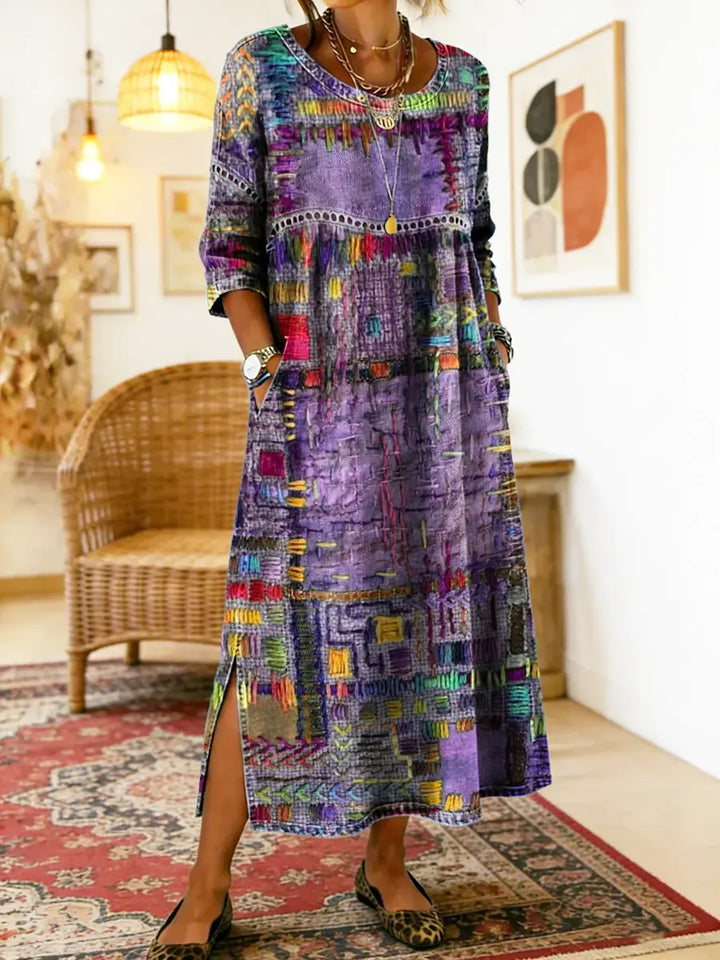 Damen Ethno-Patchwork Kleid für Herbstabende in Lila