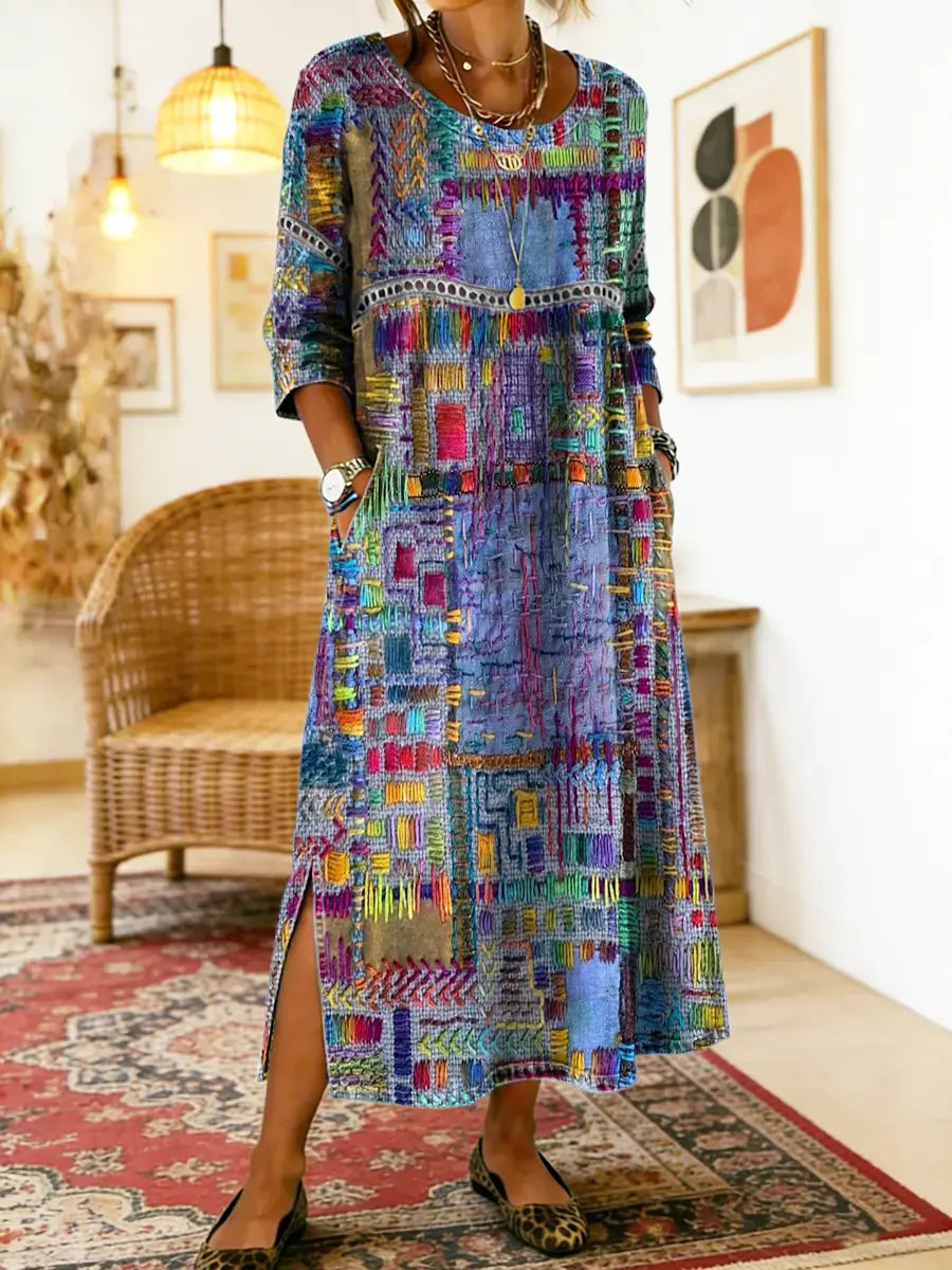 Damen Ethno-Patchwork Kleid für Herbstabende in Mehrfarbig