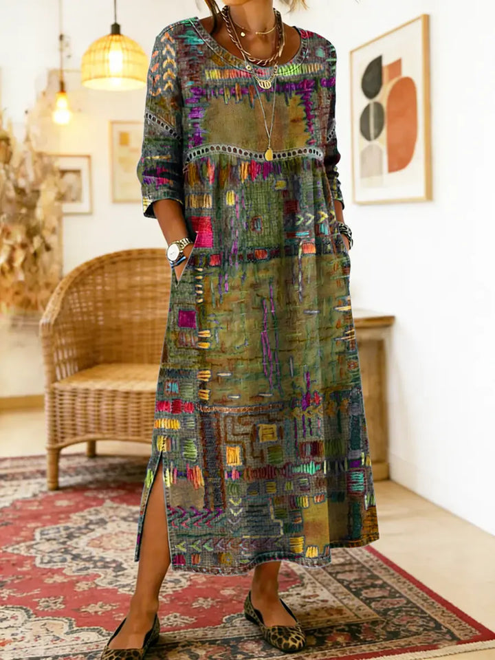Damen Ethno-Patchwork Kleid für Herbstabende in Militärgrün