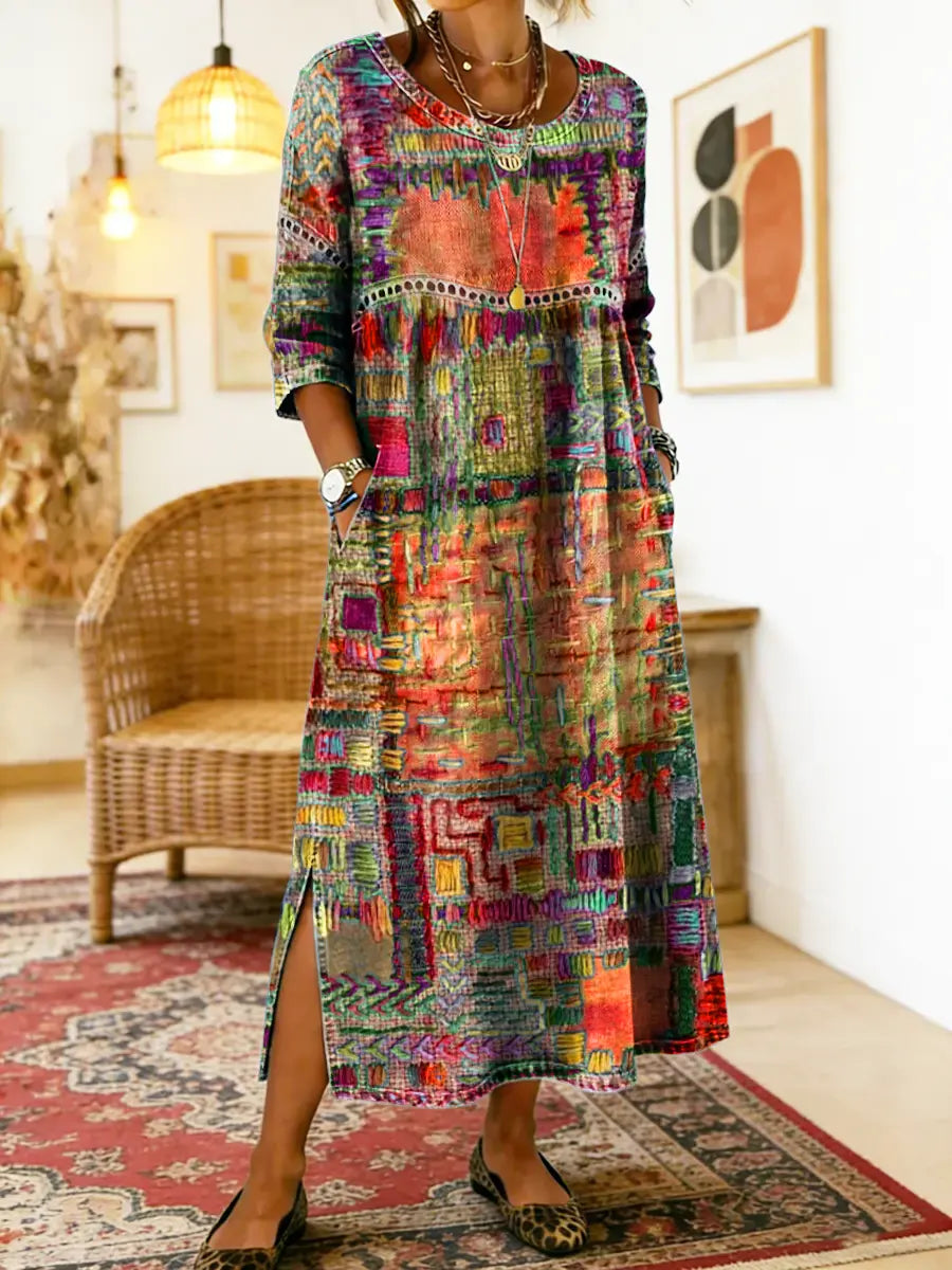 Damen Ethno-Patchwork Kleid für Herbstabende in Orange