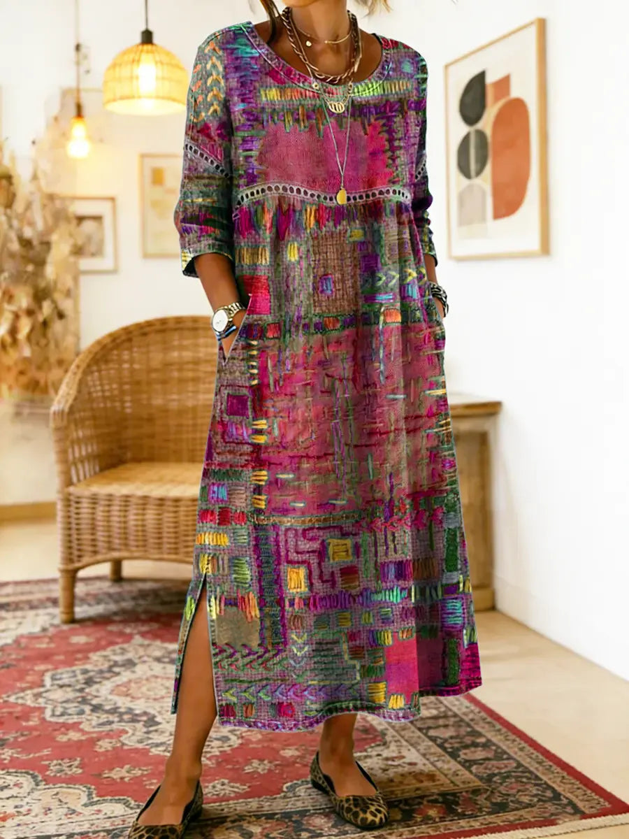 Damen Ethno-Patchwork Kleid für Herbstabende in Rosa