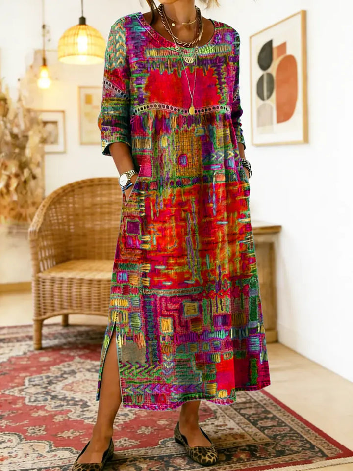 Damen Ethno-Patchwork Kleid für Herbstabende in Rot