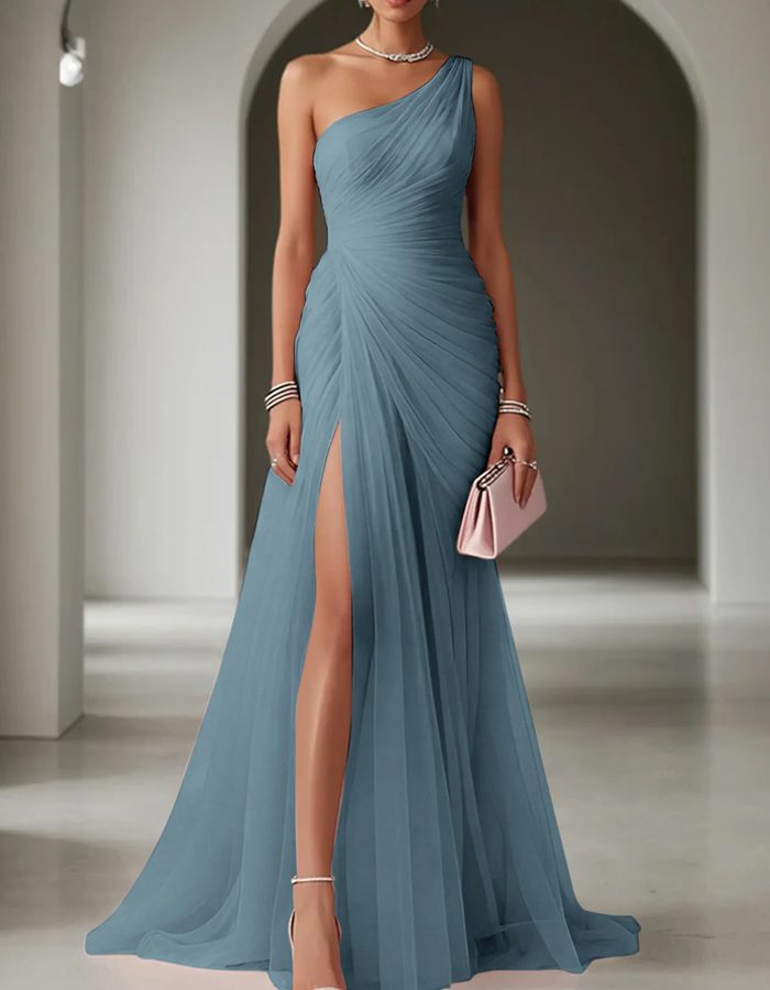 Damen Festliches Abendkleid Lang mit Einschulter in Dusty Blue