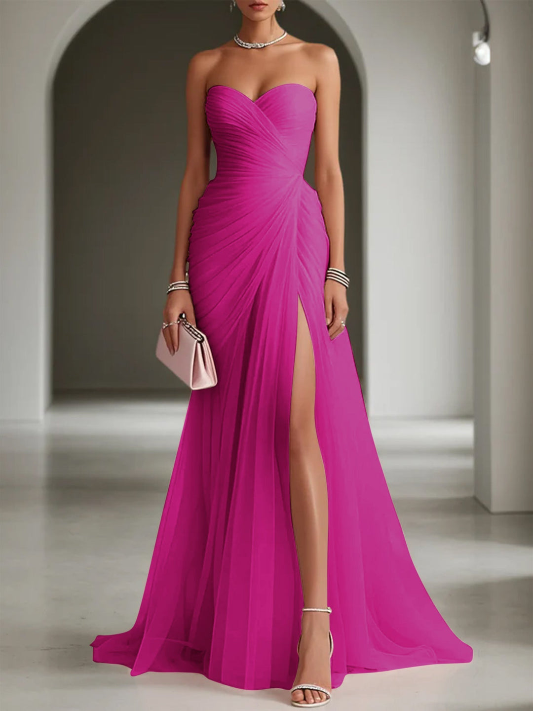 Damen Festliches Abendkleid Lang mit Einschulter in Fuchsia Pink