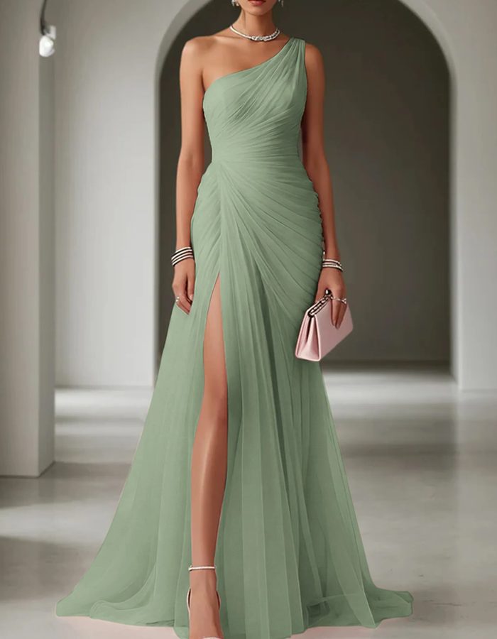 Damen Festliches Abendkleid Lang mit Einschulter in Grün
