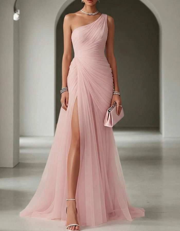 Damen Festliches Abendkleid Lang mit Einschulter in Rosa