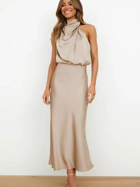 Damen Festliches Baumwoll-Midikleid für den Herbst in Beige