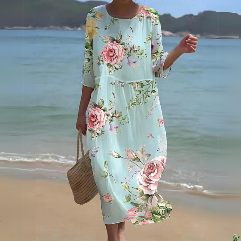 Damen Festliches Kleid elegant drapiert und gemustert in Light Blue/Roses