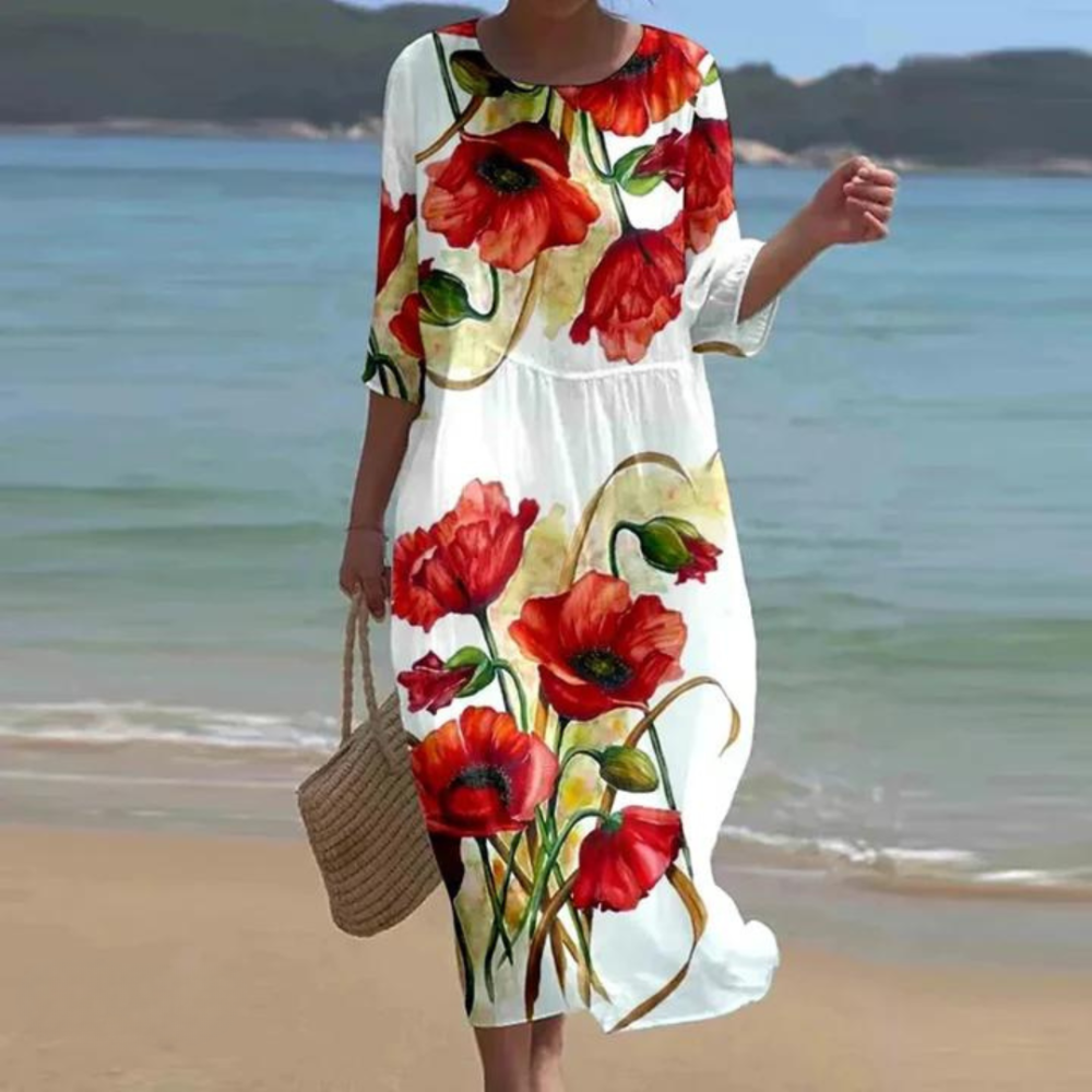 Damen Festliches Kleid elegant drapiert und gemustert in Rot