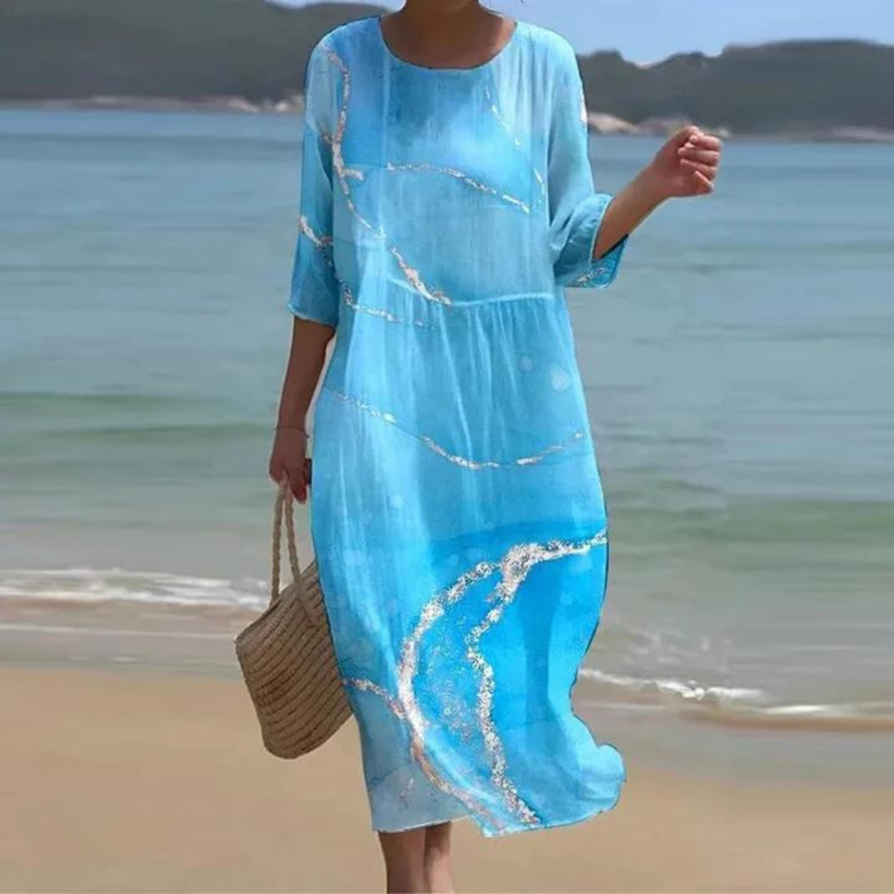 Damen Festliches Kleid elegant drapiert und gemustert in Sea Blue