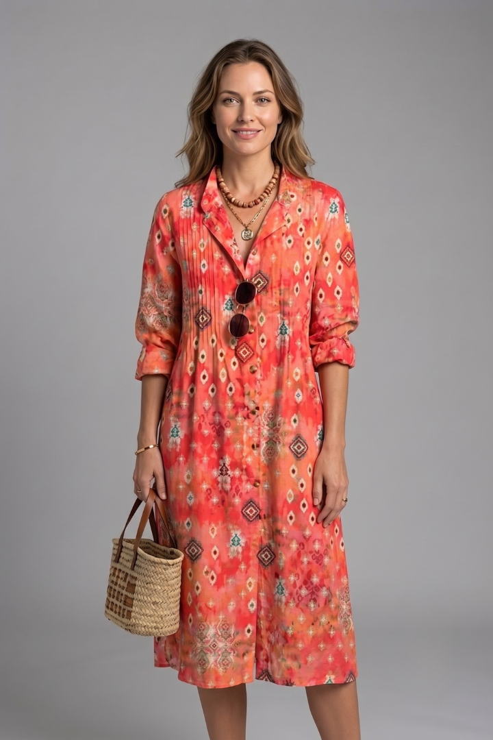 Damen Festliches Kleid im Boho-Stil mit Knöpfen in Orange