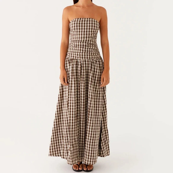 Damen Festliches Kleid Maxi elegant in Brown Checkered