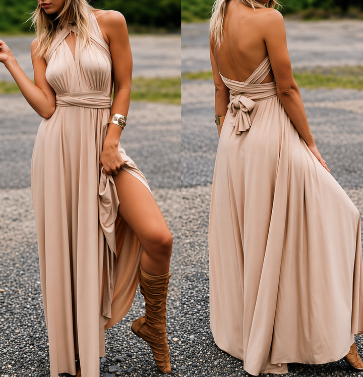 Damen Festliches Kleid Maxi für Hochzeitsgast Herbst in Champagner