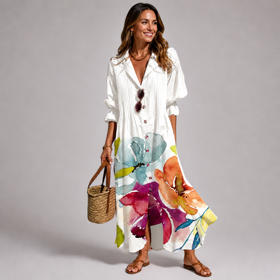 Damen Festliches Kleid Maxilänge mit Lebendigem Blumenmuster in Weiß