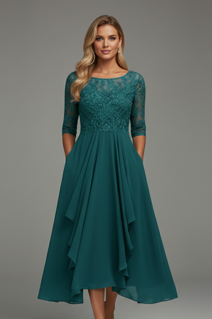 Damen Festliches Kleid Midi mit Muster in Champagne beige