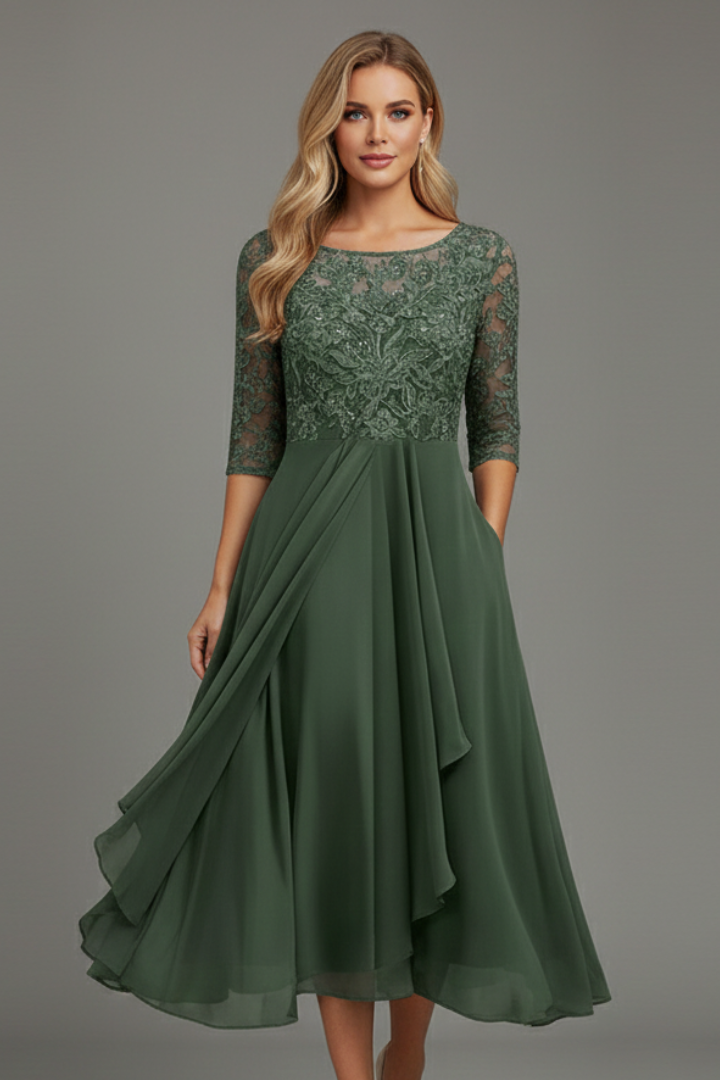 Damen Festliches Kleid Midi mit Muster in Forest green