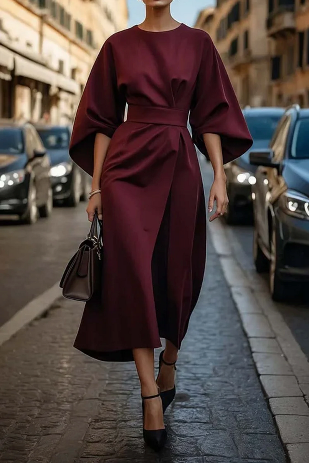 Damen Festliches Kleid mit Puffärmeln und Gürtel in Bordeaux