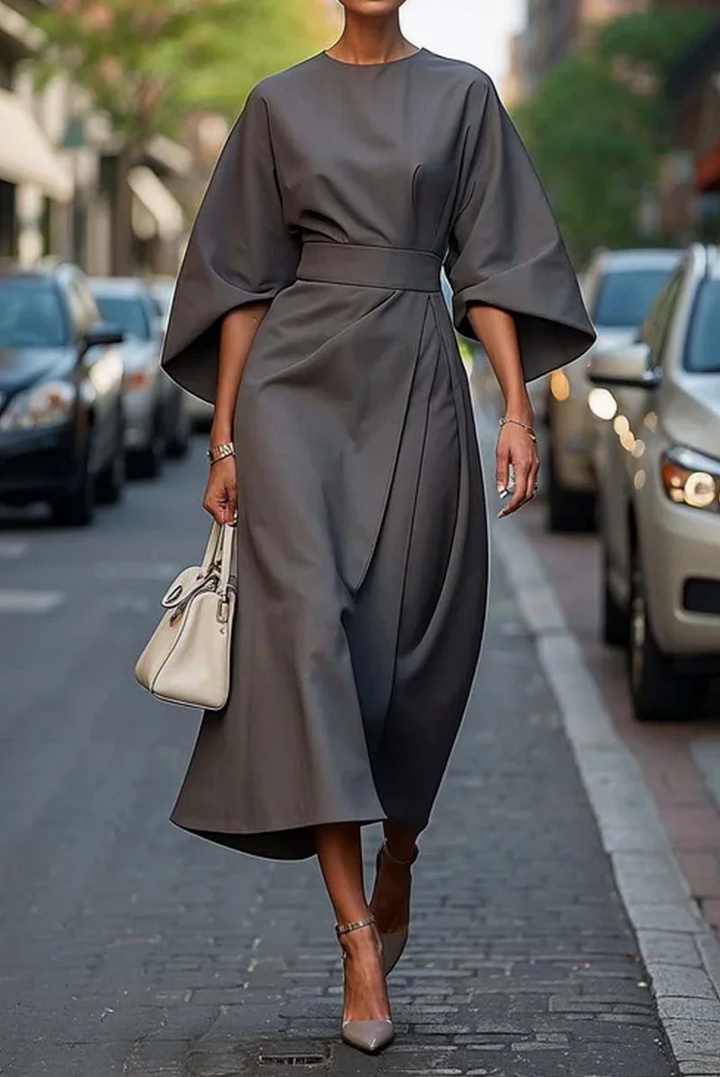 Damen Festliches Kleid mit Puffärmeln und Gürtel in Grau