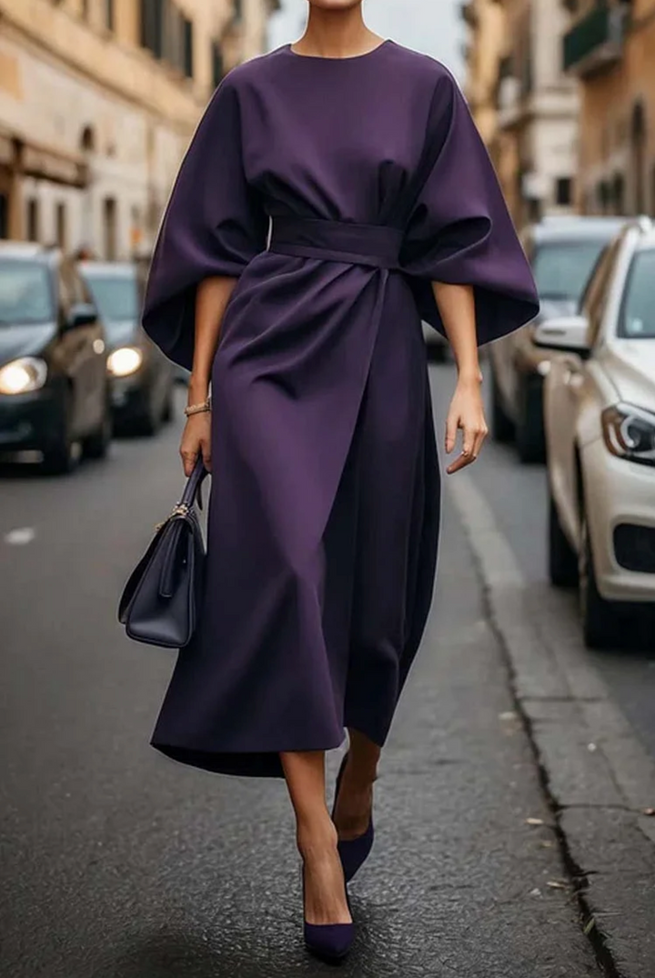 Damen Festliches Kleid mit Puffärmeln und Gürtel in Lila