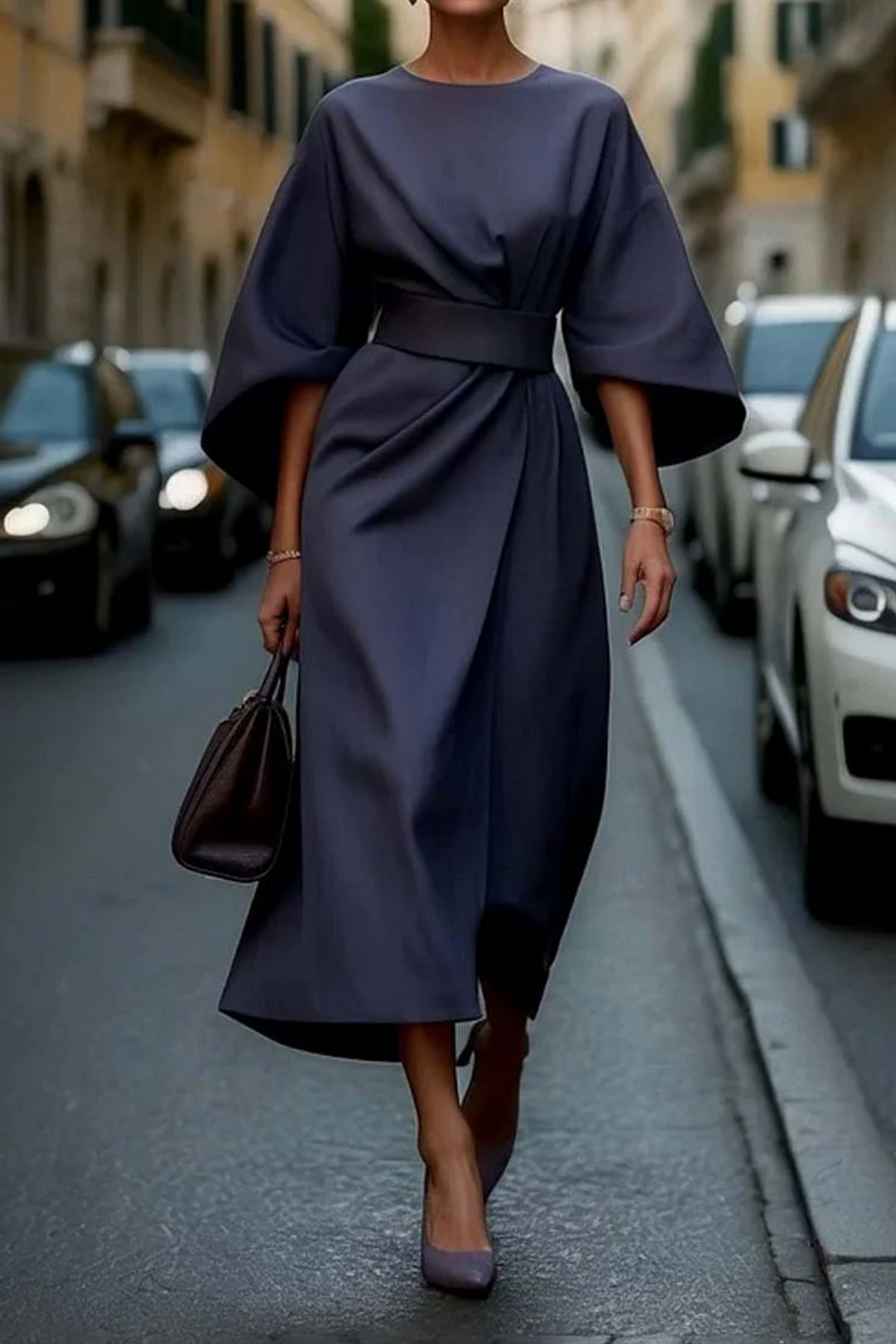 Damen Festliches Kleid mit Puffärmeln und Gürtel in Marineblau