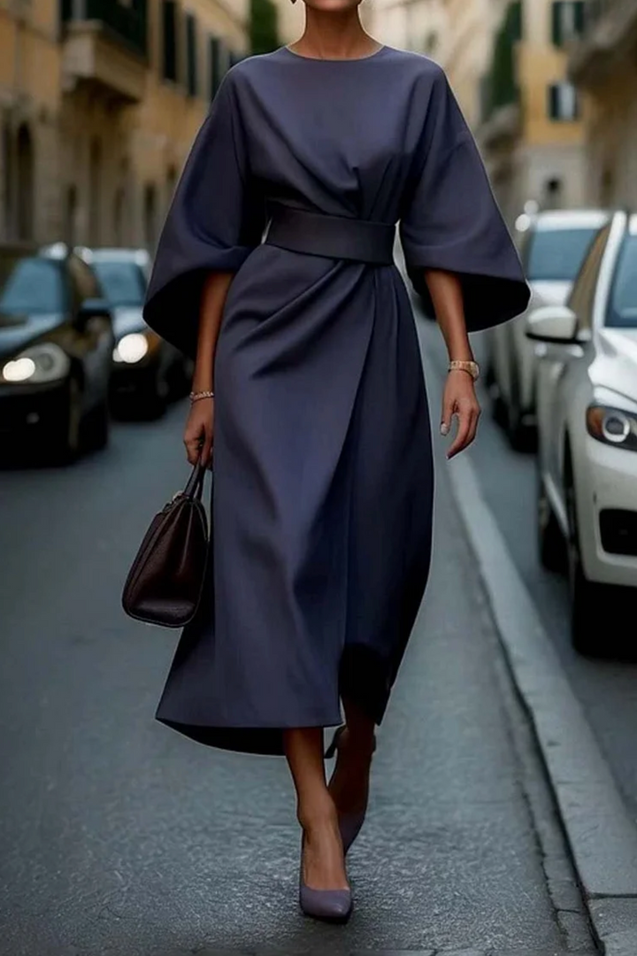 Damen Festliches Kleid mit Puffärmeln und Gürtel in Marineblau