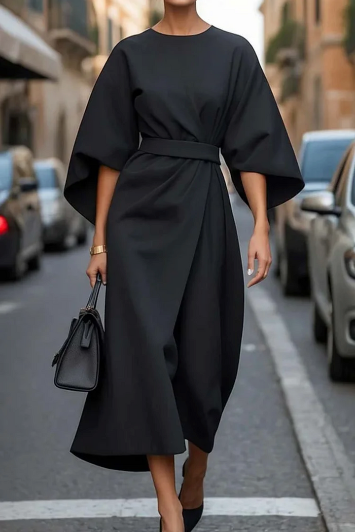 Damen Festliches Kleid mit Puffärmeln und Gürtel in Schwarz