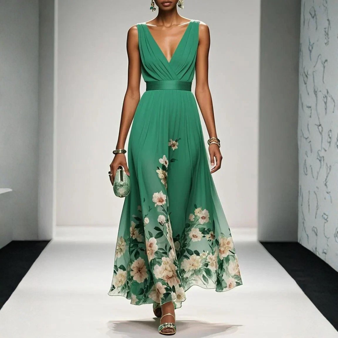 Damen Festliches Langes Abendkleid Blütenmuster in Grün