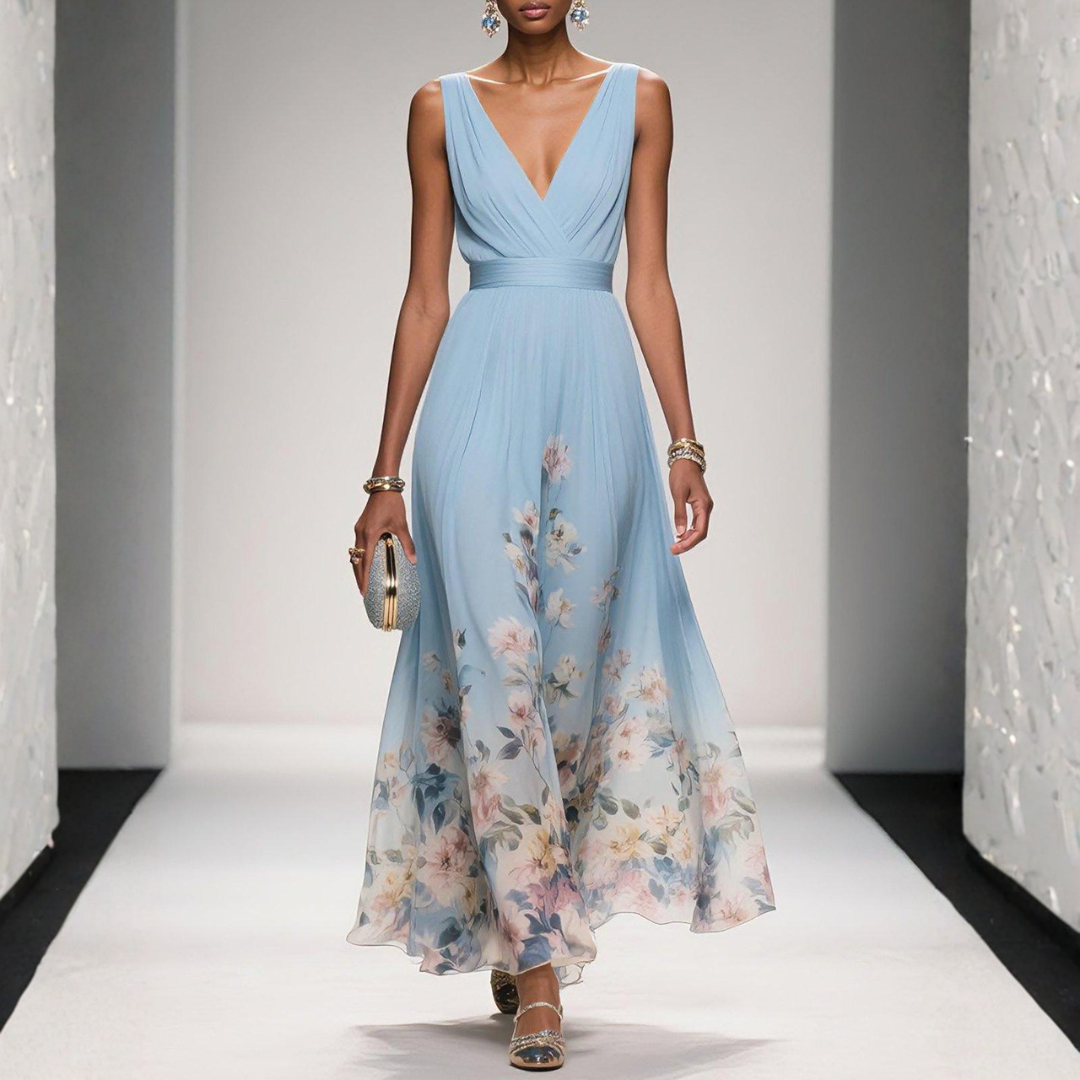 Damen Festliches Langes Abendkleid Blütenmuster in Hellblau