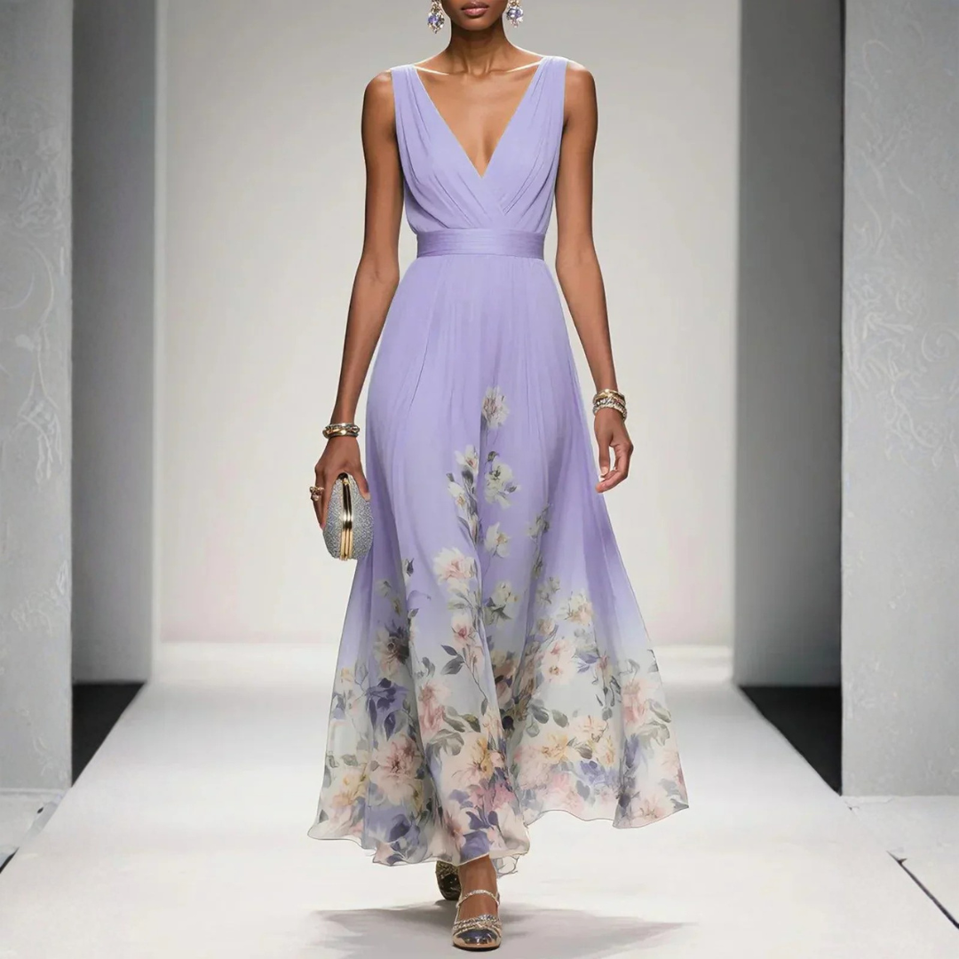 Damen Festliches Langes Abendkleid Blütenmuster in Lila