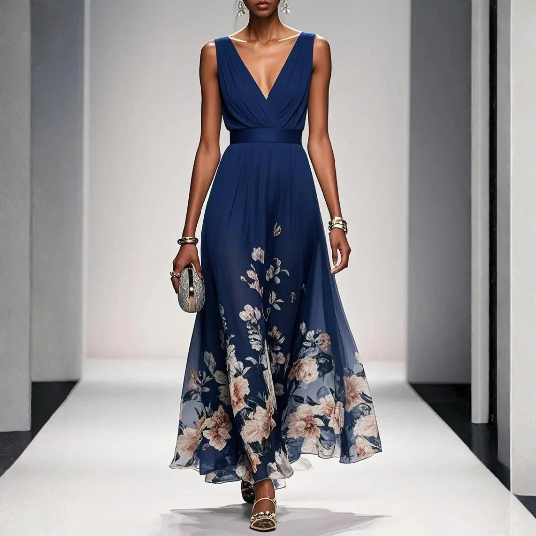 Damen Festliches Langes Abendkleid Blütenmuster in Marineblau