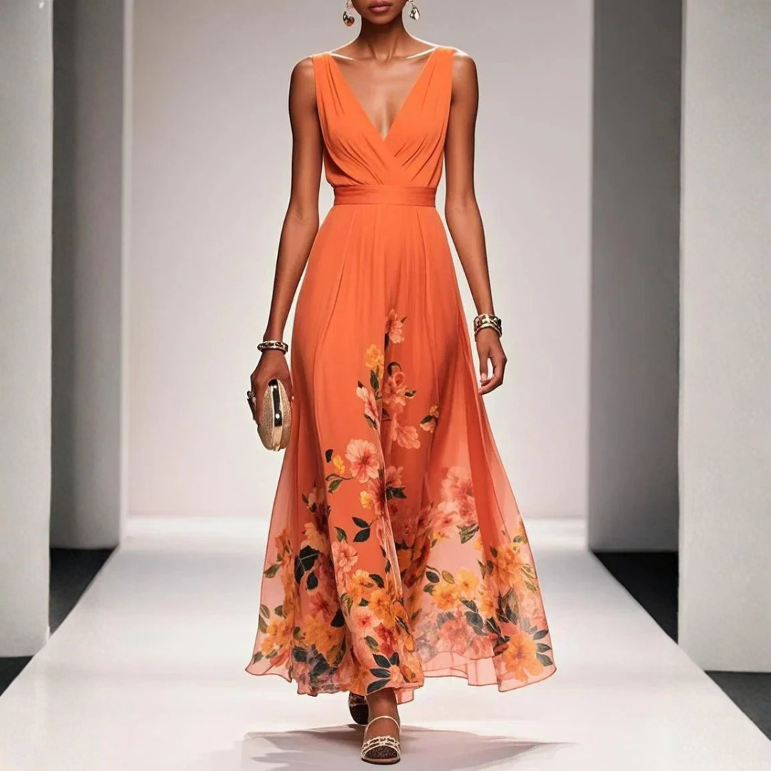 Damen Festliches Langes Abendkleid Blütenmuster in Orange
