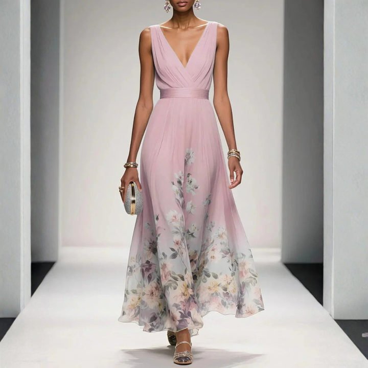 Damen Festliches Langes Abendkleid Blütenmuster in Rosa