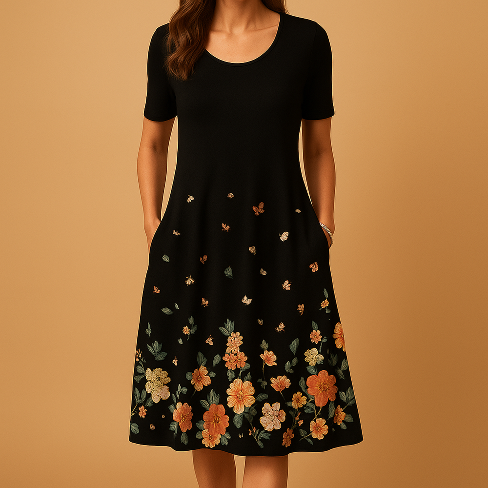 Damen Festliches Leichtes Midikleid mit Druck in Schwarz