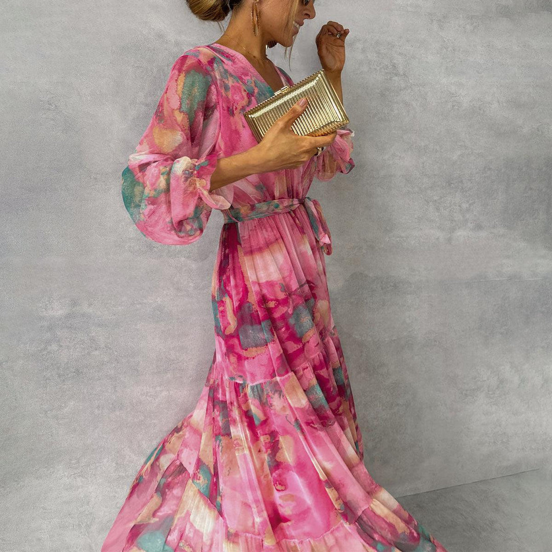 Damen Festliches Maxikleid mit Blumenmuster in Rosenrot