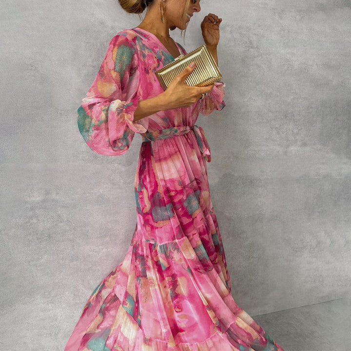 Damen Festliches Maxikleid mit Blumenmuster in Rosenrot