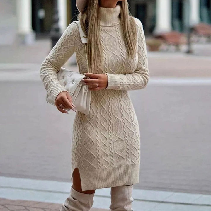 Damen Festliches Midi Strickkleid Rollkragen Langarm in Beige