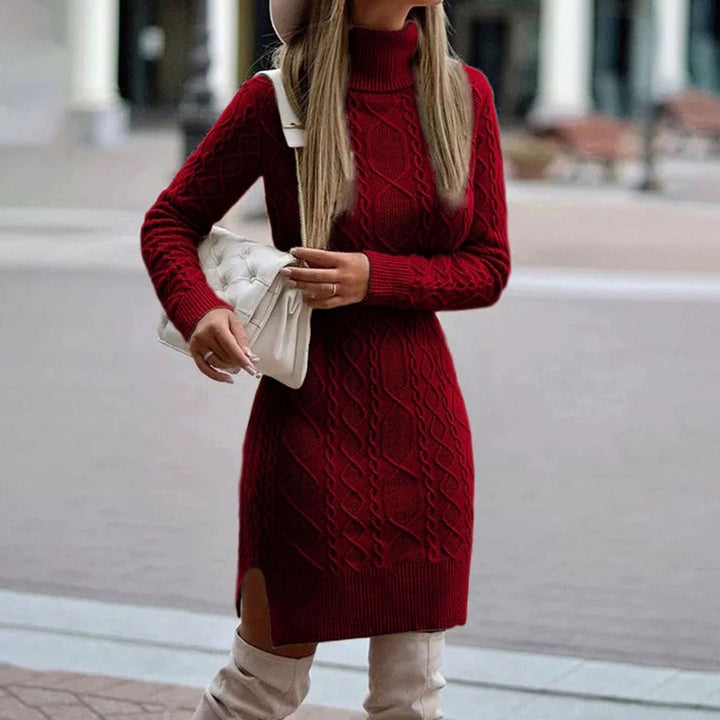 Damen Festliches Midi Strickkleid Rollkragen Langarm in Bordeaux