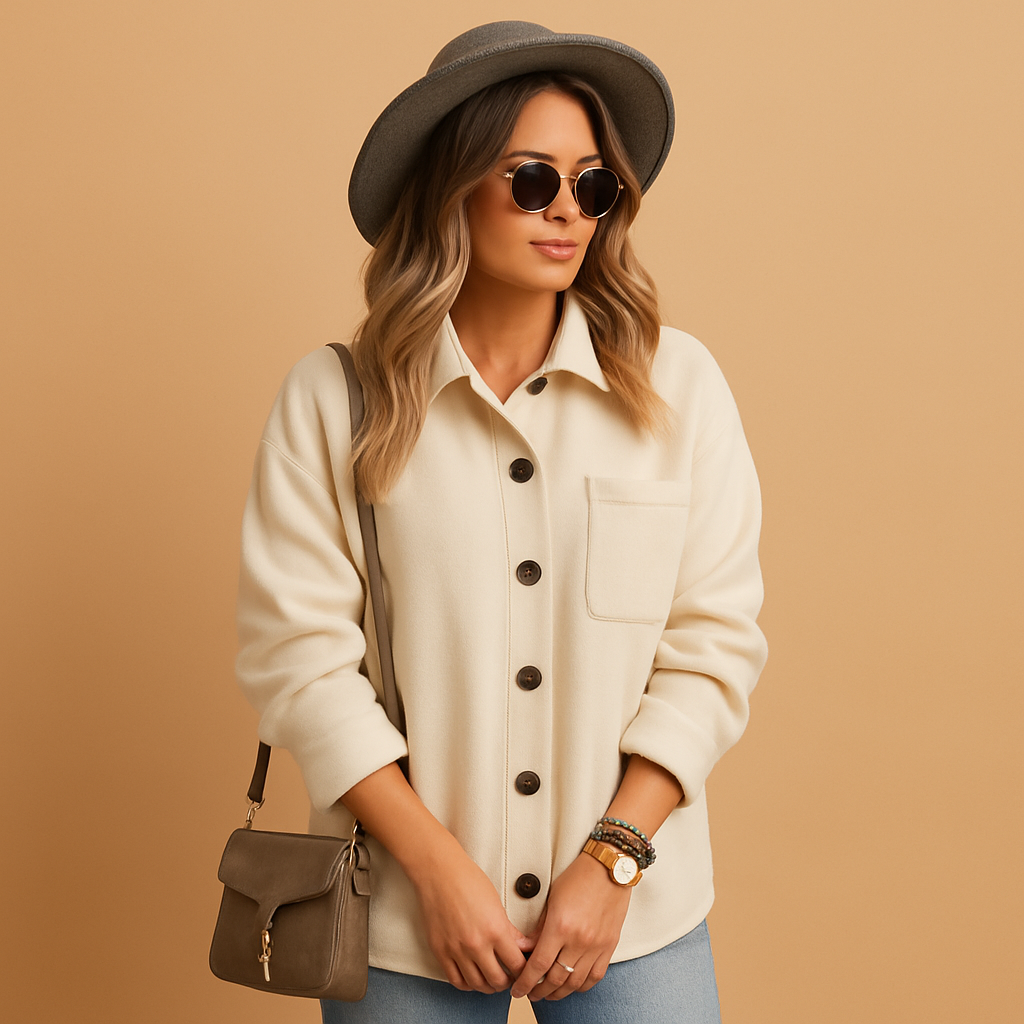 Damen Fleece-Bluse im entspannten Schnitt für Herbst in Creme